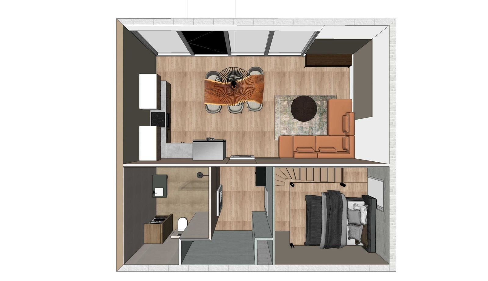 Driedimensionale doorsnede van het volledige appartement van bovenaf gezien, met eethoek, keuken, cognackleurige hoekbank, badkamer, hal en slaapkamer in houttinten en grijstinten.