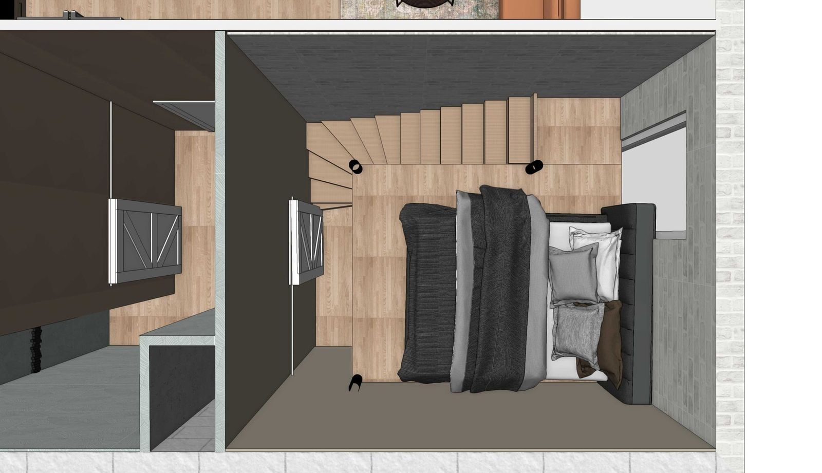 Bovenaanzicht van de slaapkamer met een tweepersoonsbed met grijs en antraciet beddengoed, een houten wand, een houten trap naar de vide, een grijze schuifdeur in barndeurstijl en een zijwand met grijze steenachtige afwerking.