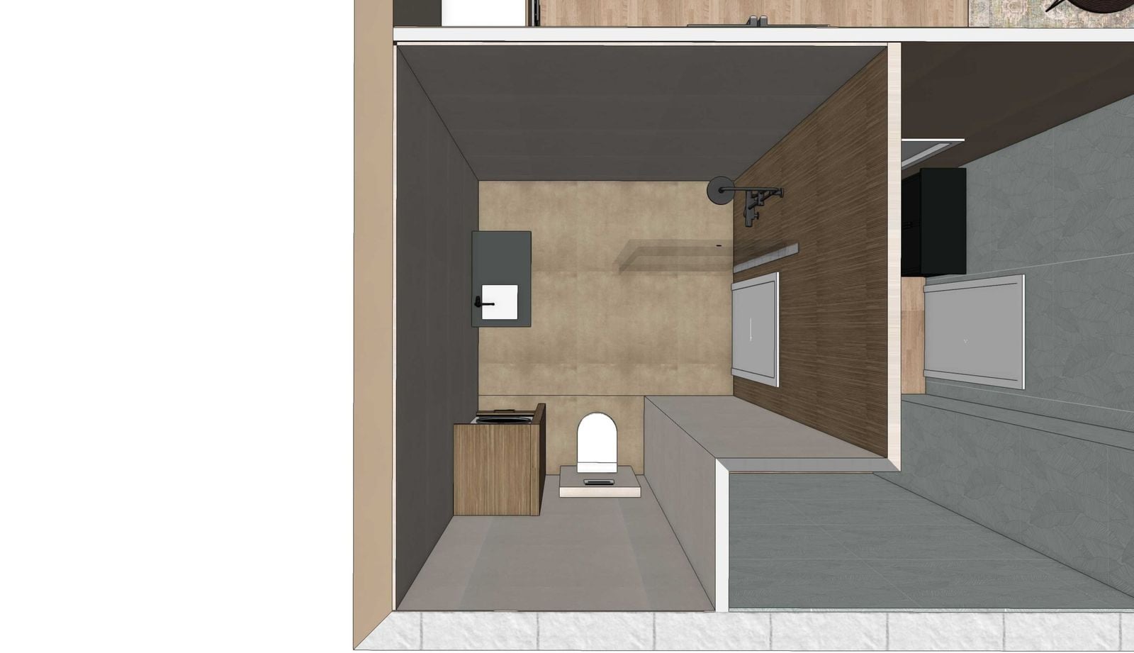 Bovenaanzicht van de badkamer met een inloopdouche met zwarte regendouche, een donker houten wandvlak, een houten wastafelmeubel met zwarte kraan, een spiegelkast, een toilet op een lage plint en grijze vloertegels.