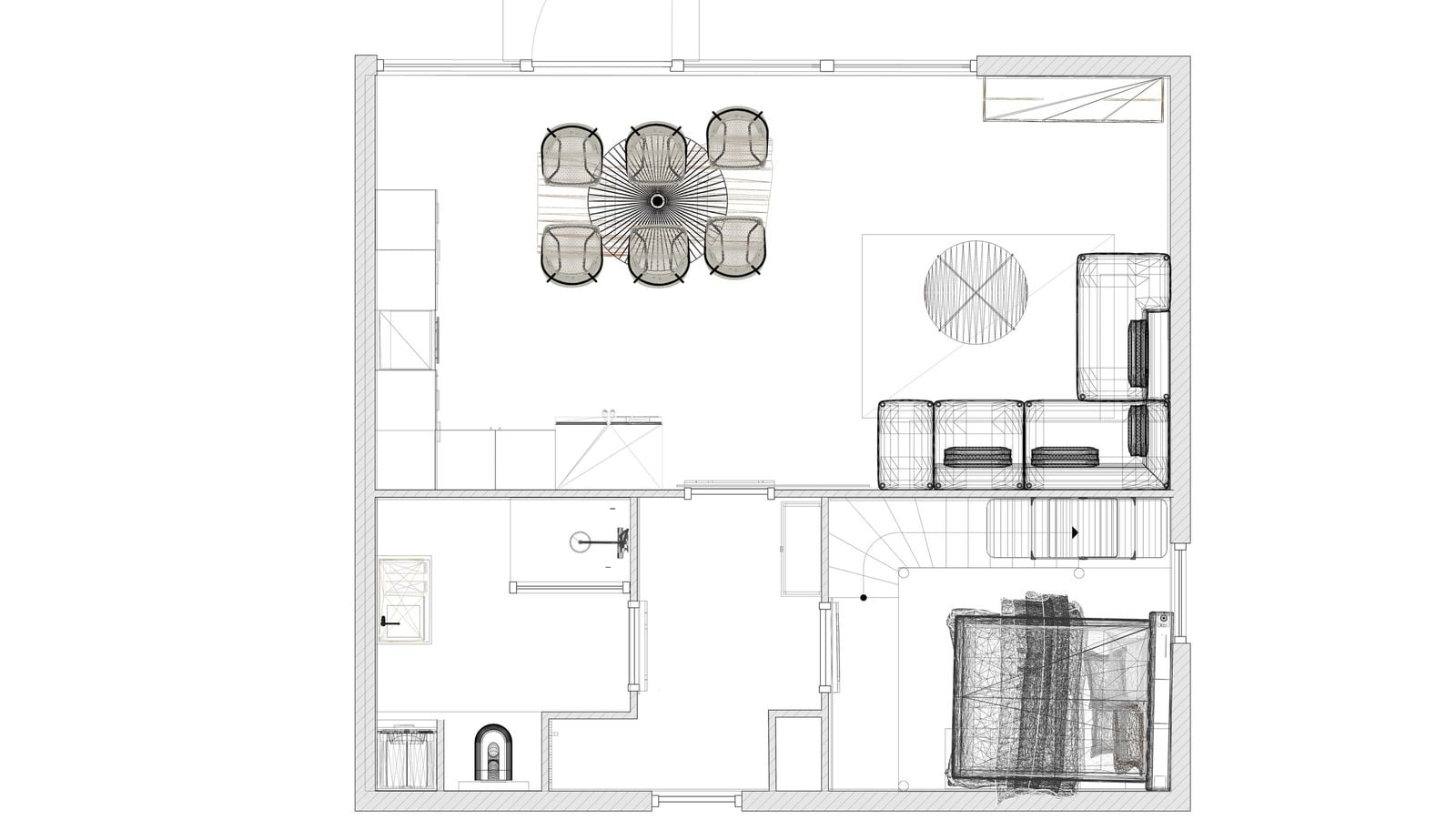 Zwart-witte plattegrondtekening van het appartement met de indeling en het ingetekende meubilair: eettafel met zes stoelen, zithoek met salontafel, badkamer, hal en slaapkamer met bed.