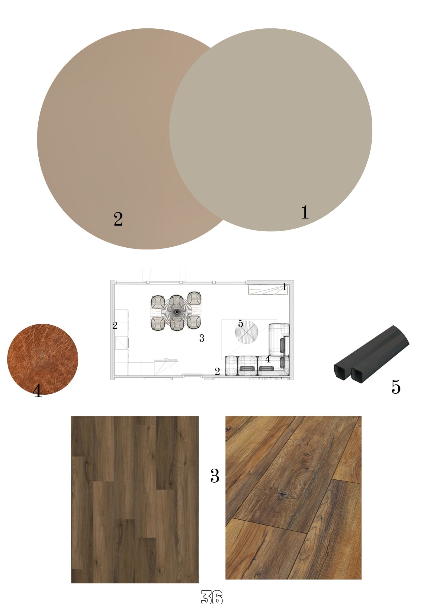 Materiaalcollage met twee grote ronde kleurvlakken in warm taupe en lichtgrijs, een rondje cognackleurig leer, een zwart stalen kokerprofiel, twee houten vloerdelen in donkerbruin en warm bruin en een kleine plattegrond met genummerde verwijzingen.