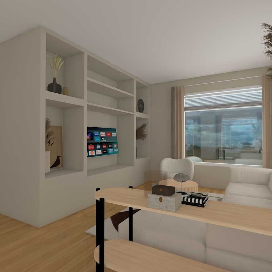3D-impressie van de woonkamer met een witte open wandkast met vakken en een ingebouwde televisie, een lichte hoekbank, een houten sidetable met zwarte poten en een groot raam met gordijnen