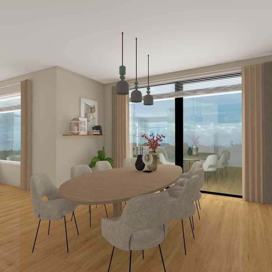 3D-impressie van een ovale houten eettafel met acht lichtgrijze gestoffeerde stoelen, drie hanglampen erboven, vazen op tafel en een donkere schuifpui met zicht naar buiten