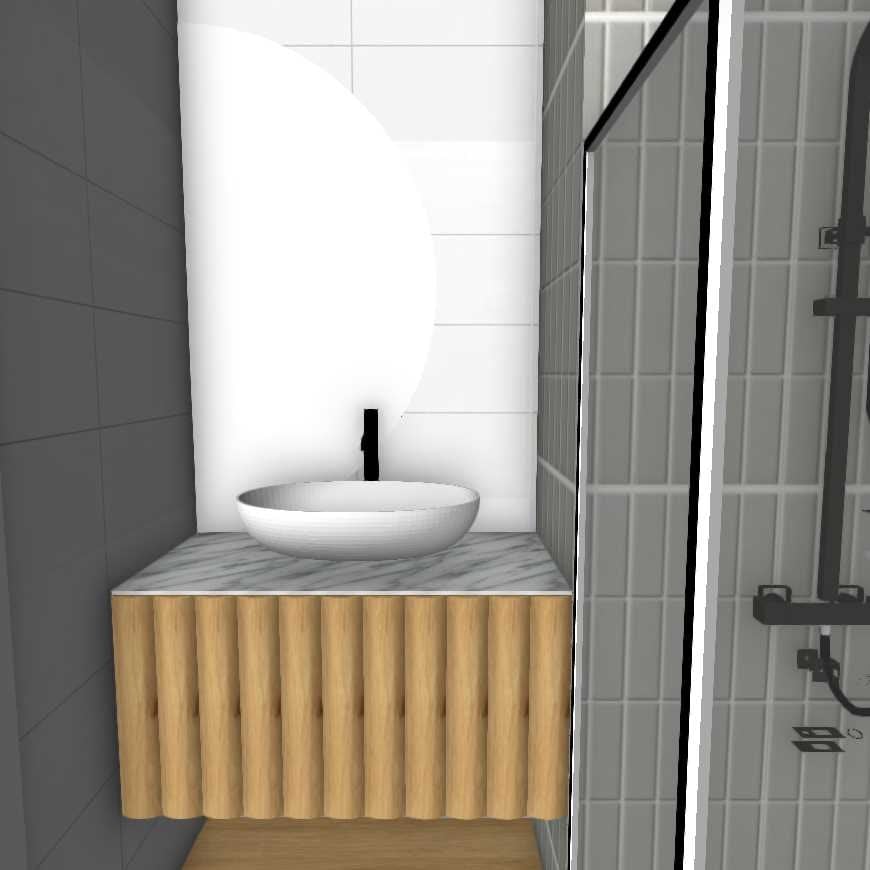 3D-impressie van de badkamer met een zwevend wastafelmeubel met houten ribbenfront, een marmeren blad, een witte waskom met zwarte kraan en een grote ovale spiegel tegen witte wandtegels, met rechts de inloopdouche achter een glazen wand met zwart profiel