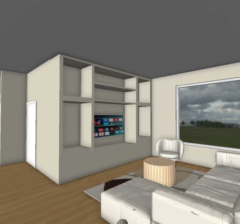 3D-render van een woonkamer met houten vloer, donkergrijs plafond en een ingebouwde vakkenkast met televisie; op de voorgrond een lichte bank met een ronde geribbelde houten bijzettafel, daarnaast een witte draaifauteuil en een groot raam met uitzicht op een weiland.