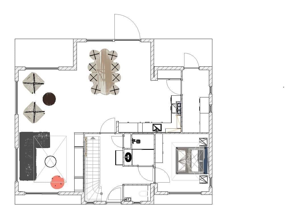 Plattegrond van de begane grond in zwart-wit lijnwerk met enkele ingekleurde meubels in bovenaanzicht: een zithoek met bank en twee fauteuils, een ovale eettafel met stoelen, een keuken, een hal met trap, een badkamer en toilet en een slaapkamer met bed.