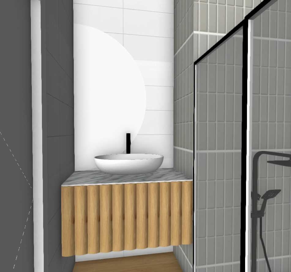 3D-render van een zwevend wastafelmeubel met geribbeld houten front en marmeren blad, een witte waskom met zwarte kraan en een grote ronde spiegel, naast een douche met grijsgroene tegels en een zwart profiel.