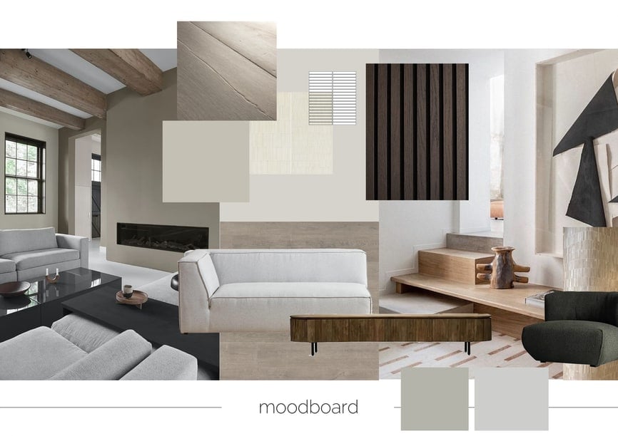 Moodboard met materialen en interieurbeelden in zand-, grijs- en houttinten: een lattenwand in donker eiken, een lichte bank en stalen van vloerhout en verf.
