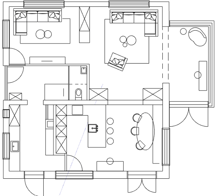 Zwart-witte plattegrond van de begane grond met de indeling van woonkamer, keuken met eiland, badkamer en slaapkamer.