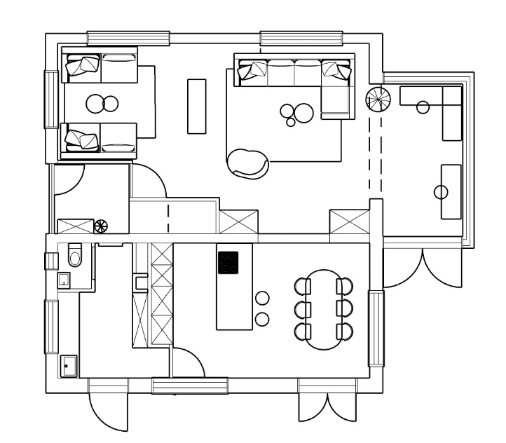 Plattegrond van dezelfde woning met de meubelopstelling ingetekend: bedden, zithoek, eettafel en keukeneiland.