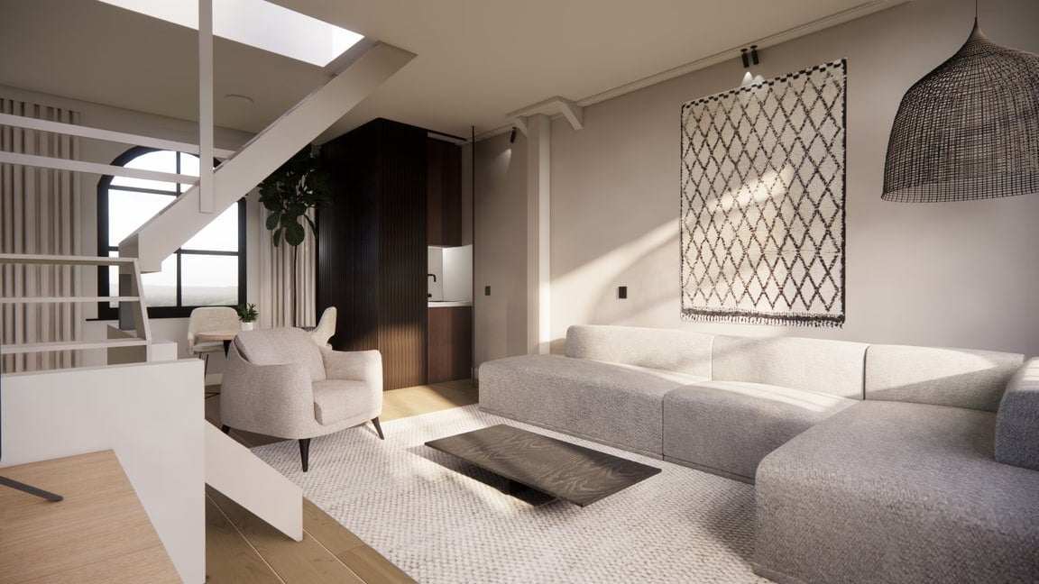 Render van de woonkamer met een lichtgrijze hoekbank, een gevlochten hanglamp en een groot zwart-wit wandkleed boven de bank.