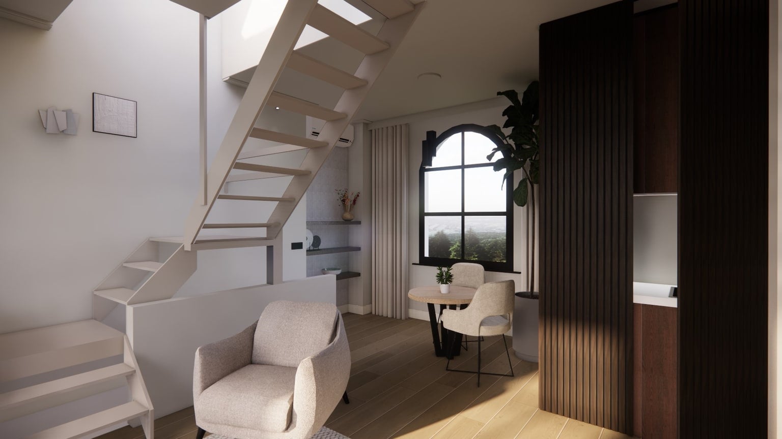 Render met de open witte trap op de voorgrond en daarachter een ronde eettafel bij het boogvormige raam, naast een wand van donkere latten.