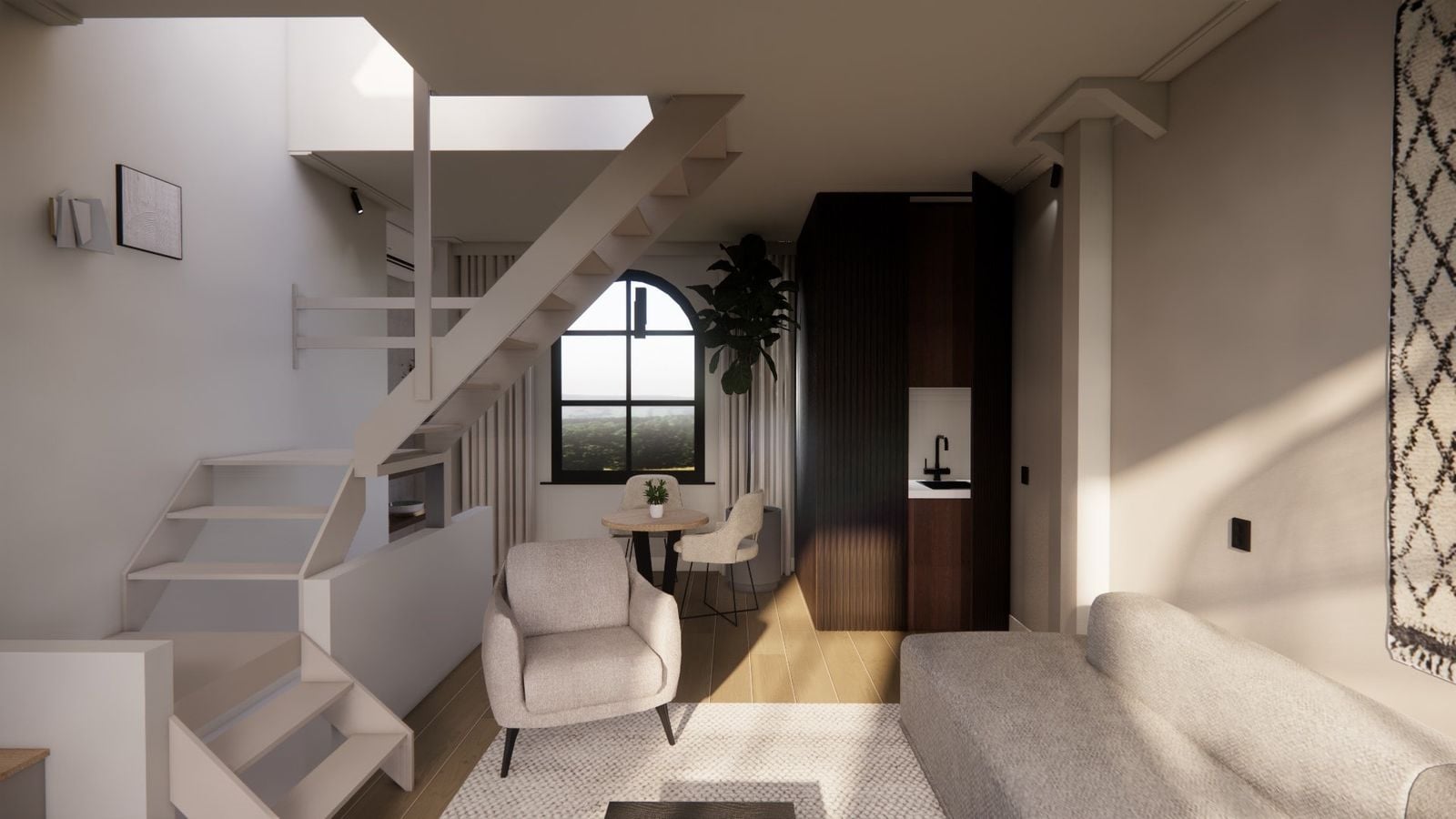 Render van de woonkamer met zicht onder de trap door naar de eethoek en de donkere keukenwand met plant.