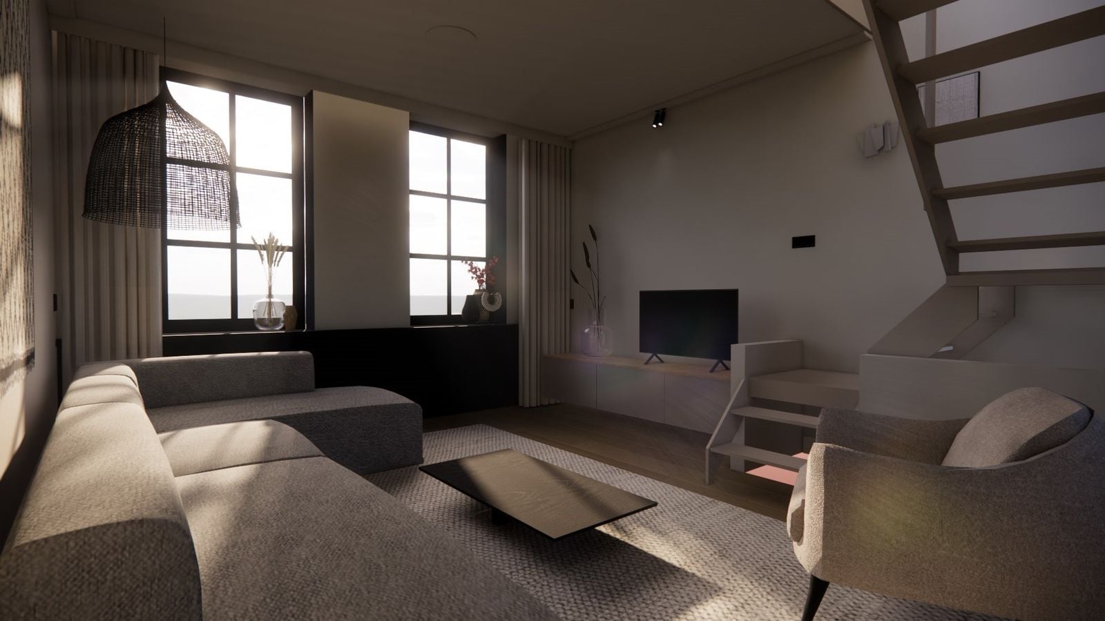 Render van de woonkamer in avondlicht: de bank bij de hoge ramen, een lage tv-wand en de trap rechts in het beeld.
