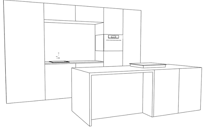 Lijntekening in perspectief van de keuken met een kastenwand, oven op ooghoogte en een kookeiland.