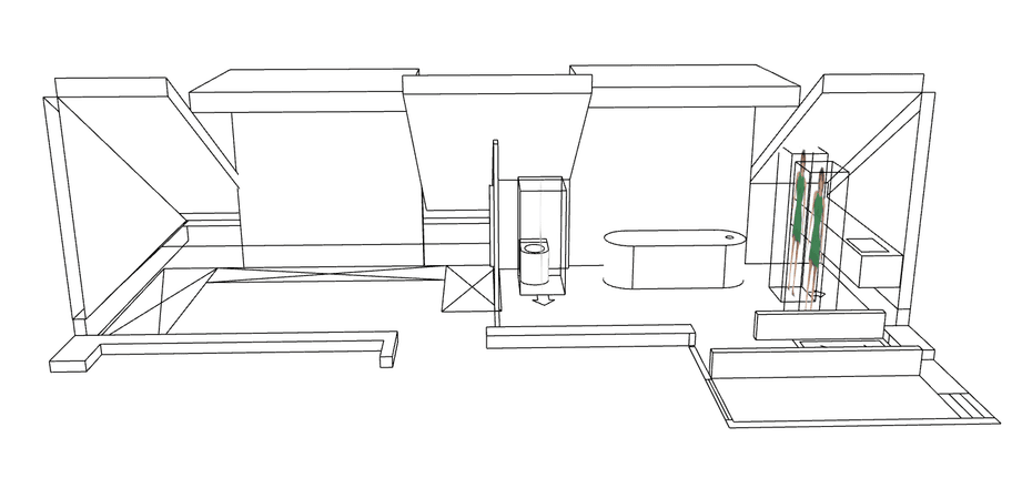 Lijntekening in perspectief van de badkamer met vrijstaand bad, douchehoek, wastafelmeubel en de trap.