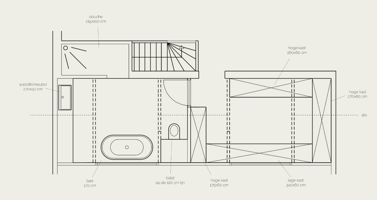Technische tekening van de badkamer met maten bij de douche, het bad van 170 centimeter, het toilet en de hoge en lage kasten.