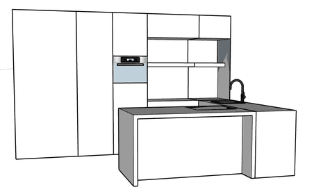 Perspectieftekening van de keuken met ingekleurd kookeiland: een gladde kastenwand, oven op ooghoogte, kookplaat in het blad en een zwarte kraan.