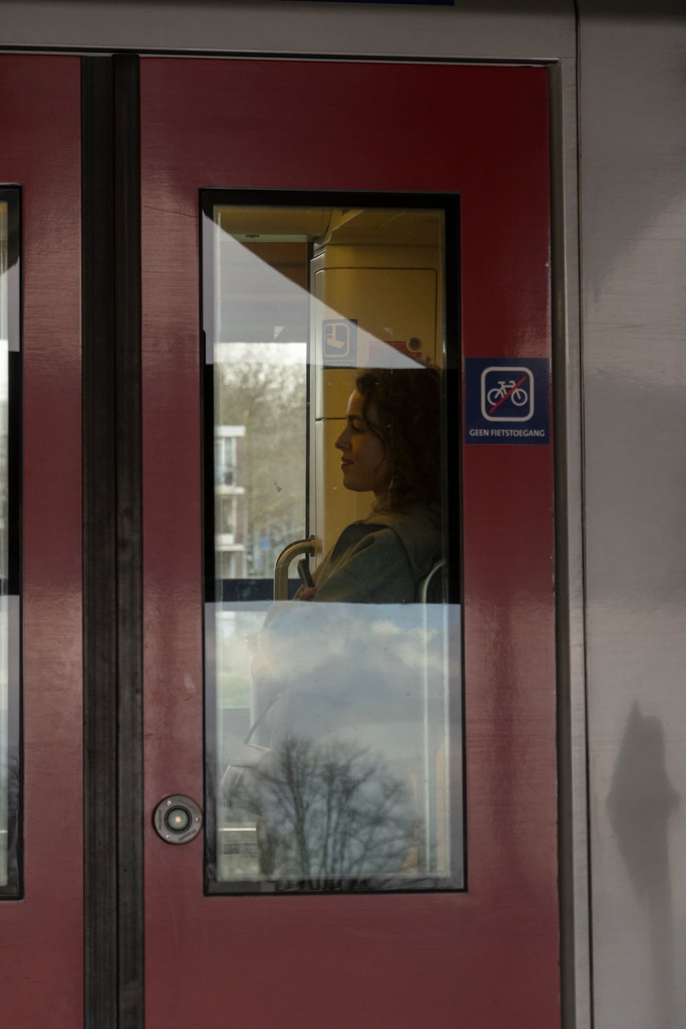 De vrouw in profiel achter het raam van een rode treindeur, met kale bomen en lucht weerspiegeld in het glas.