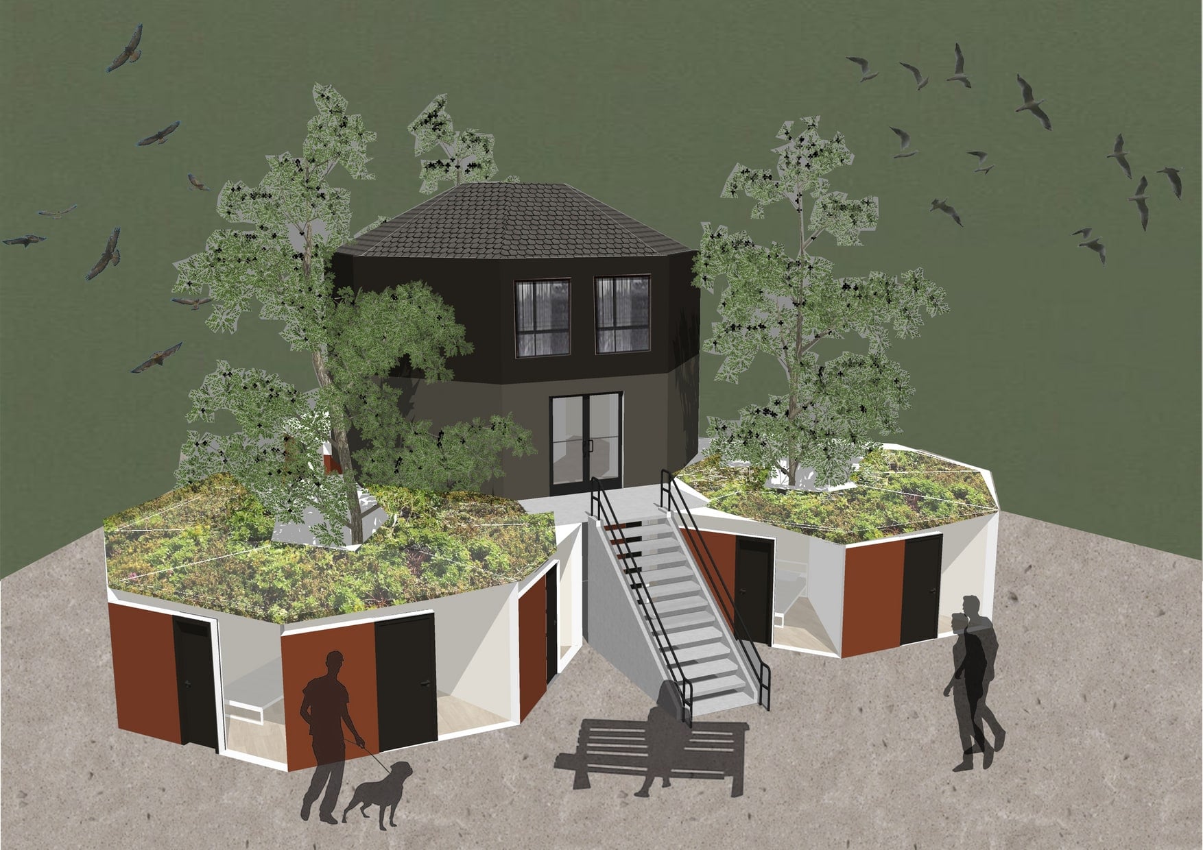 Render van een achthoekig gebouw met twee lagere units ernaast, allebei met een begroeid dak, een trap naar de entree en silhouetten van voorbijgangers ervoor.