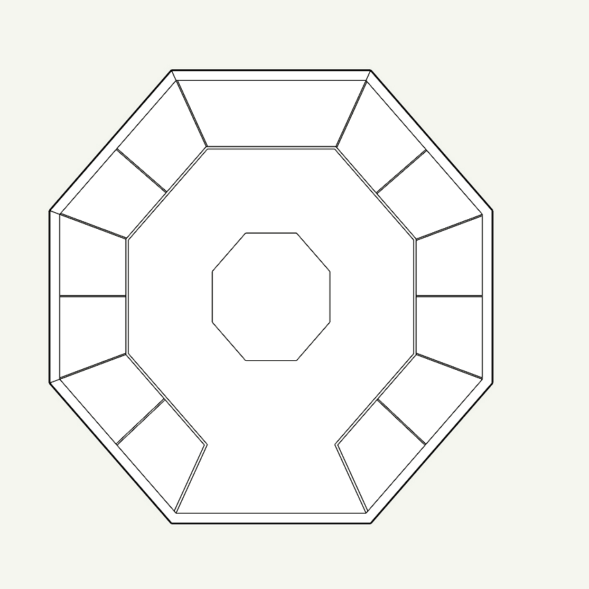 Plattegrond van het achthoekige gebouw: een ring van taartpuntvormige ruimtes rond een kleine achthoekige kern.