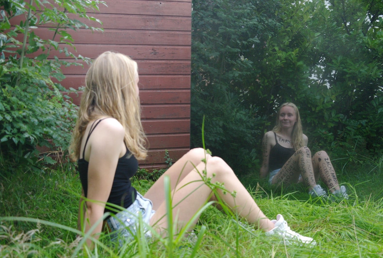 Vrouw met lang blond haar in een zwart hemdje en spijkershort zit in het hoge gras voor een grote spiegel die tegen een roodgeverfde houten schuurwand staat; in het spiegelbeeld kijkt ze glimlachend terug en zijn met stift geschreven woorden op haar armen, benen en borst te lezen (cover)