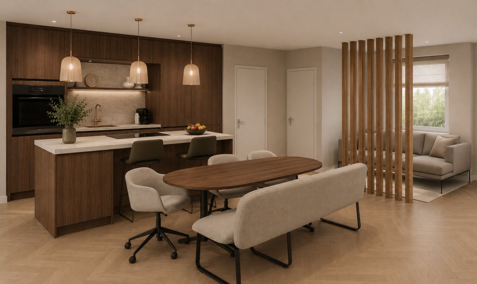 Eethoek met ovale notenhouten tafel, lichte beklede stoelen en een lange zitbank voor een keukenwand in donker hout met keukeneiland; drie hanglampen boven het eiland en visgraatparket op de vloer.