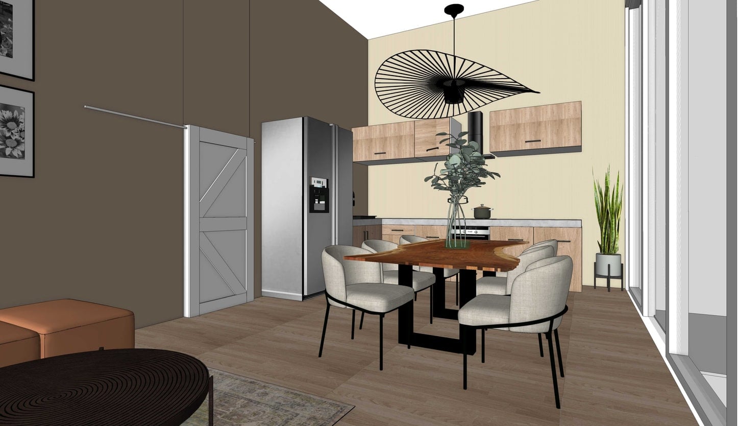 3D-render van een open woon-eetkamer met een houten eettafel met boomstamrand, zes lichtgrijs gestoffeerde stoelen en een grote zwarte waaiervormige hanglamp; op de achtergrond een keuken met houten kastfronten, een grijze koelkast en een schuifdeur in een donkerbruine wand