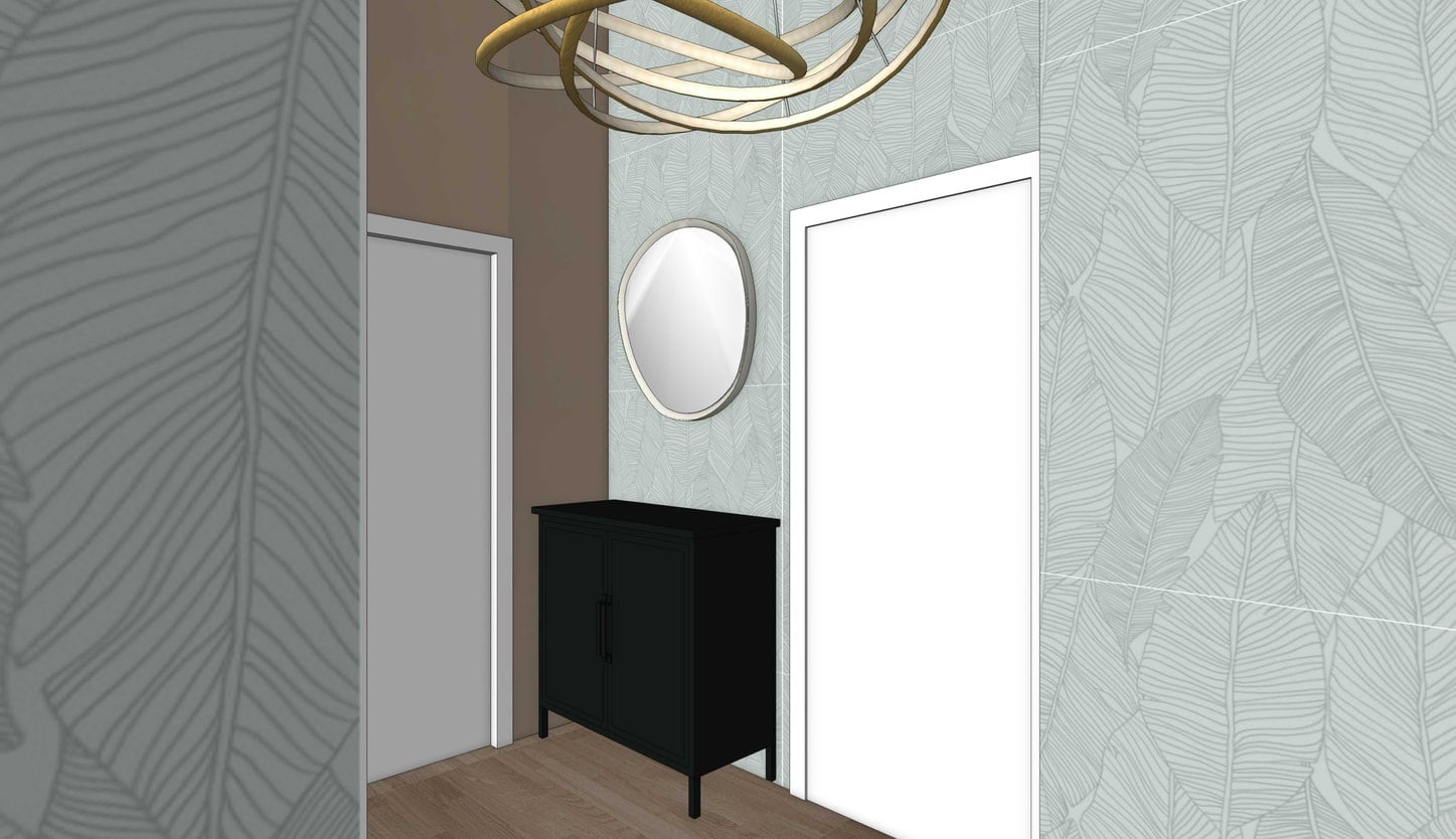 3D-render van een hal met lichtgroen behang met groot bladmotief, een zwart dressoirkastje, een ovale spiegel met lichte lijst en een hanglamp van in elkaar grijpende verlichte ringen