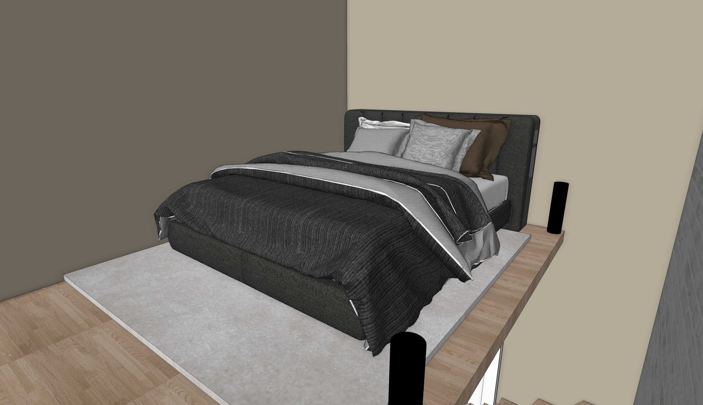 3D-render van een tweepersoonsbed met grijs gestoffeerd hoofdbord, donkergrijs dekbed en grijs-bruine kussens op een houten verhoging met lichte vloermat, tegen een taupe en beige wand met twee zwarte staande lampen