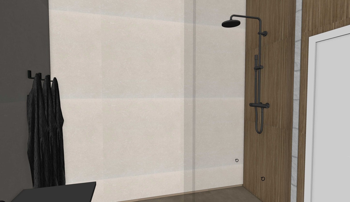 3D-render van een badkamer met inloopdouche achter glas, lichte natuursteenlook tegels, een zwarte regendouche met handdouche op een verticaal houten wandvlak en links zwarte handdoeken aan zwarte haken
