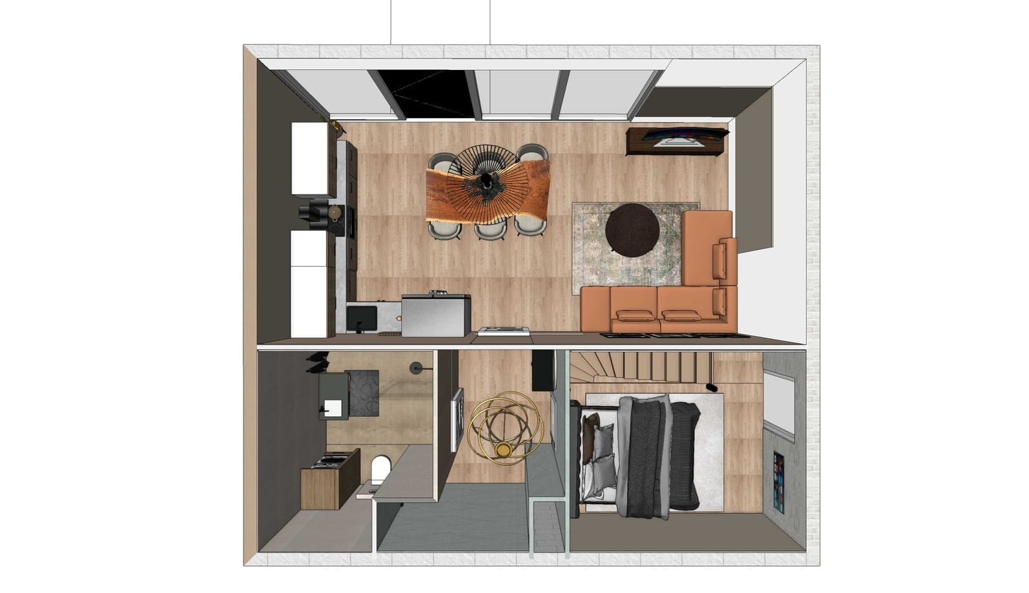Ingekleurde 3D-plattegrond van bovenaf gezien: linksboven de keuken en eettafel met waaierlamp, rechtsboven de cognackleurige hoekbank op een vloerkleed, linksonder de badkamer met wastafel en toilet en rechtsonder de slaapkamer met bed naast de trap